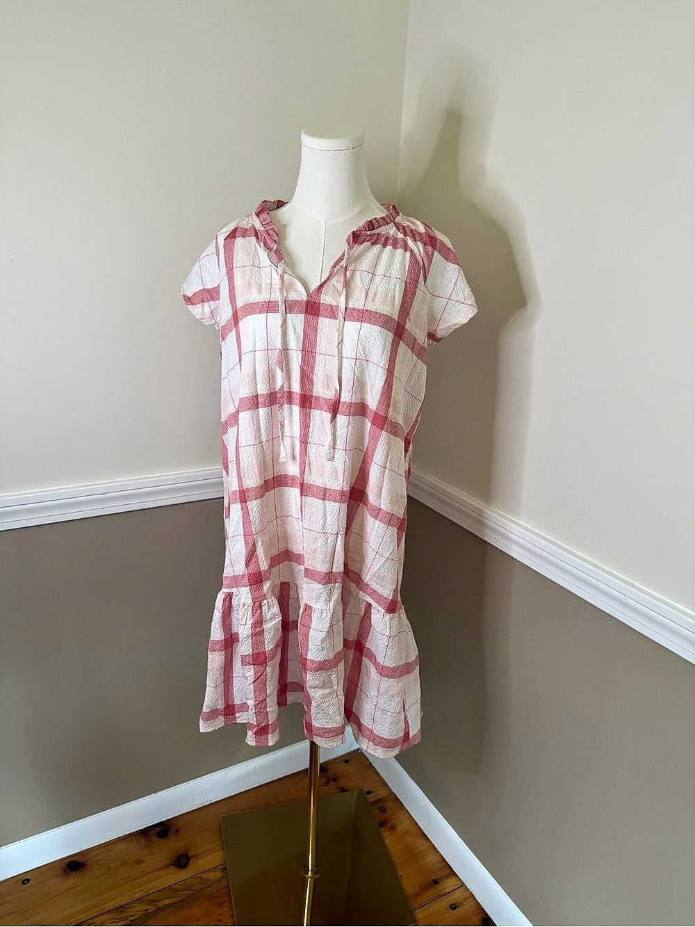 LOFT Plaid Flutter Tie Neck Dress Pink & White Size Small